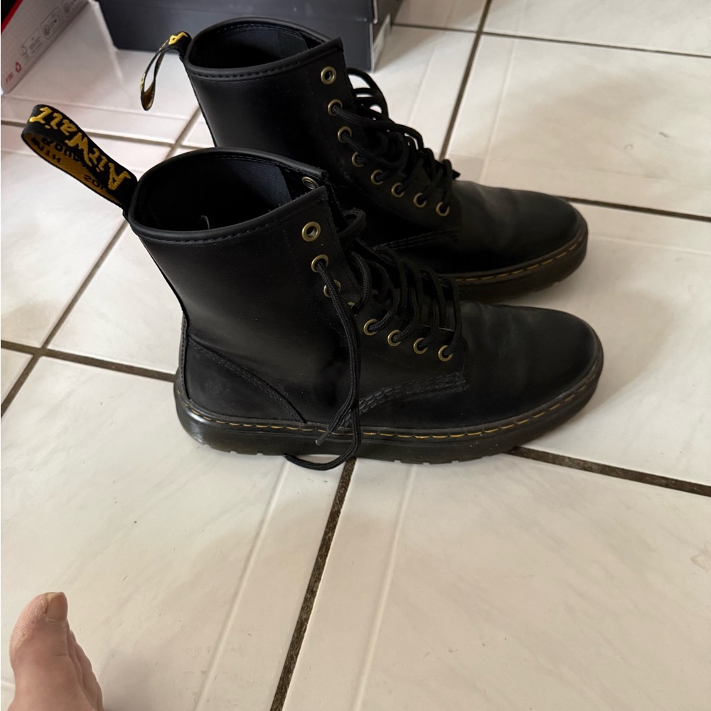 Dr. Martens Black Leather Boots with Yellow Stitching